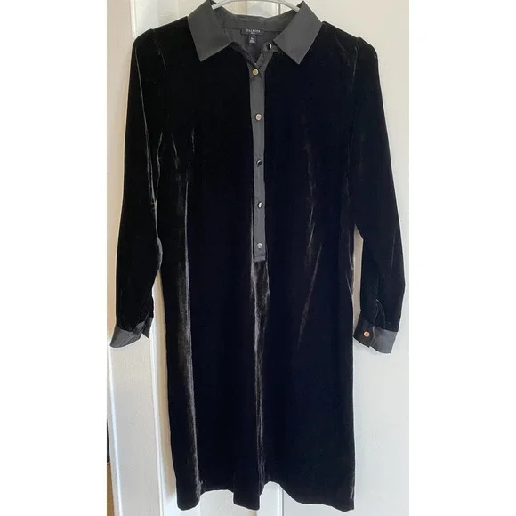 Talbots Black Velvet Popover Collared Shirt Dress Mini Whimsigoth S Quiet Luxury - Picture 2 of 8